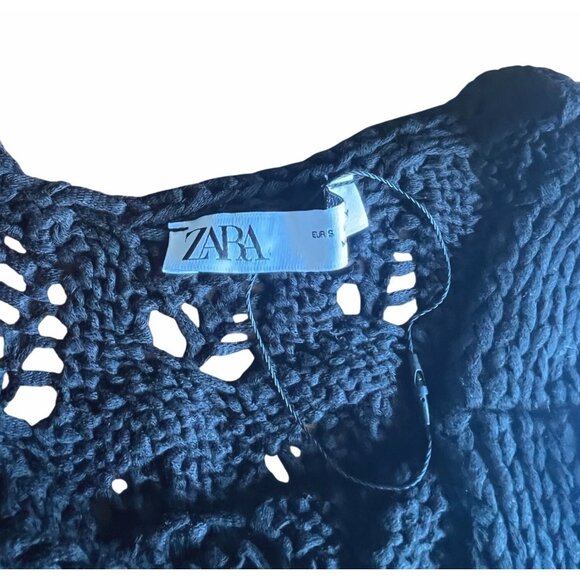 Zara Black Boho Open Weave Knit Crochet Fringe Tank Top Small - Picture 12 of 16